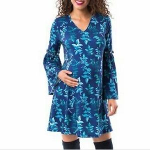 Pip & Vine Blue Floral Maternity Swing Dress Medium Bell Sleeves